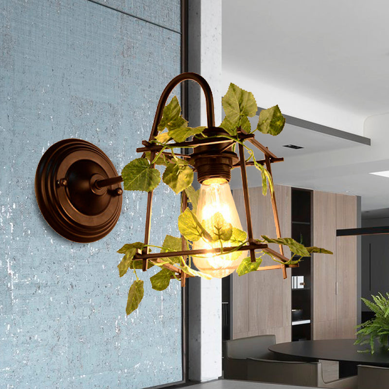 Industrial Diamond/Globe/Square Metal Led Wall Lamp Sconce In Black With Plant - 1 Light Fixture / C