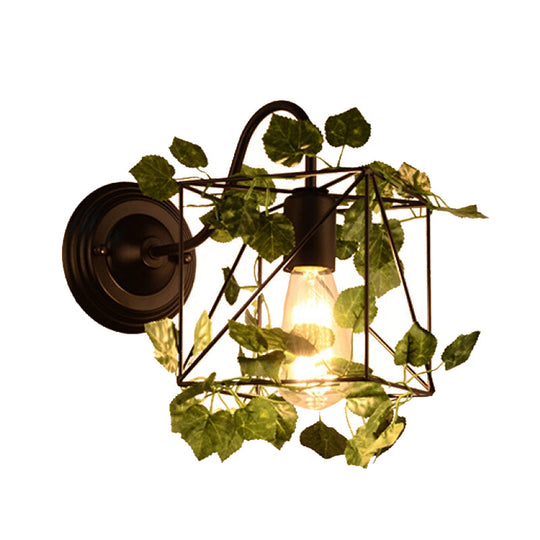 Industrial Diamond/Globe/Square Metal Led Wall Lamp Sconce In Black With Plant - 1 Light Fixture