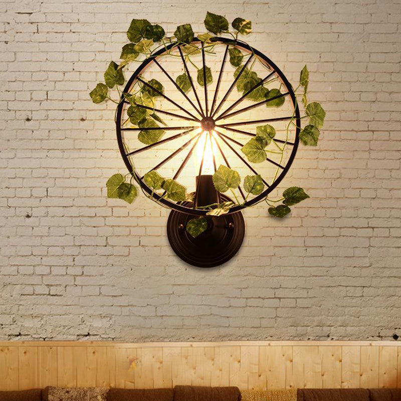 Industrial Diamond/Globe/Square Metal Led Wall Lamp Sconce In Black With Plant - 1 Light Fixture / F