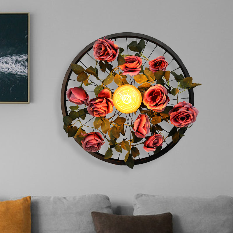Vintage Wheel Wall Mount Led Rose Sconce Light In Black For Restaurants