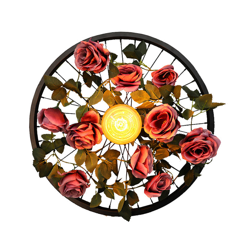 Vintage Wheel Wall Mount Led Rose Sconce Light In Black For Restaurants