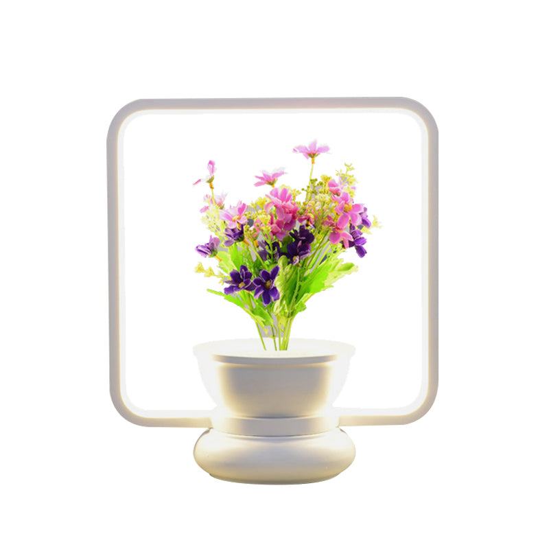 Stylish Metal Led Night Lamp With Plant Decoration - Round/Square Shape Warm/White Light For Bedroom