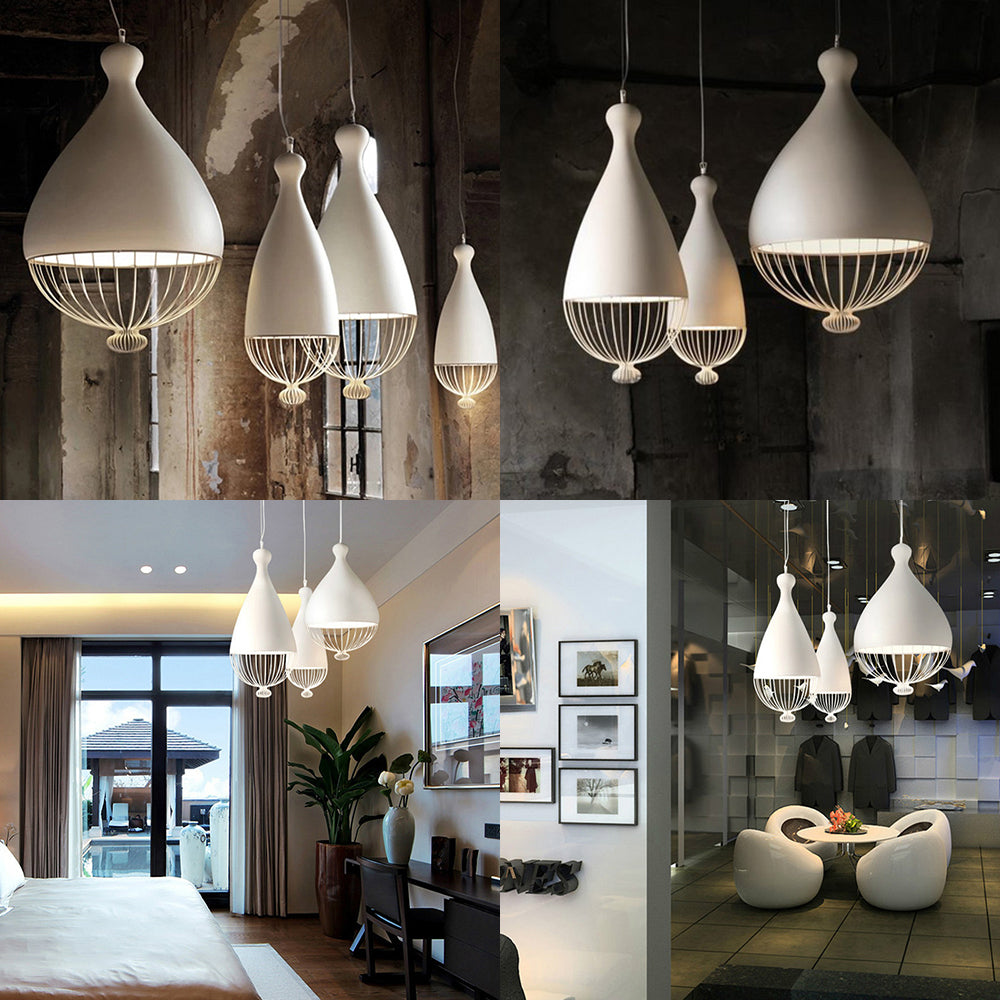 Modern White Teardrop Pendant Lamp With Wire Guard - Aluminum Ceiling Light For Restaurants