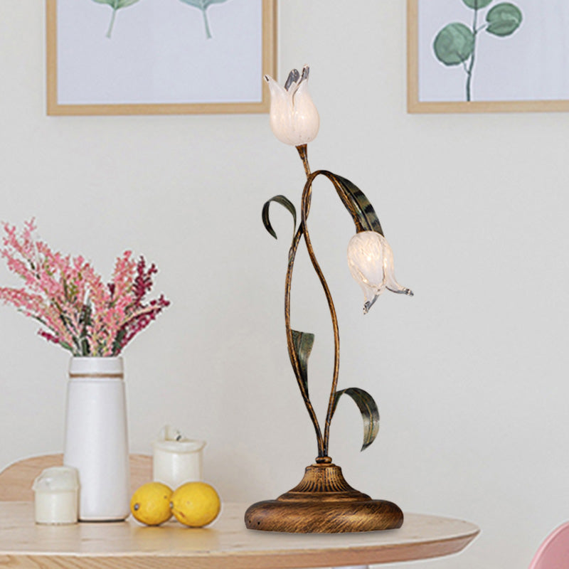 Brass Led Nightstand Light With Tulip Metal Design For Living Room - American Garden Theme