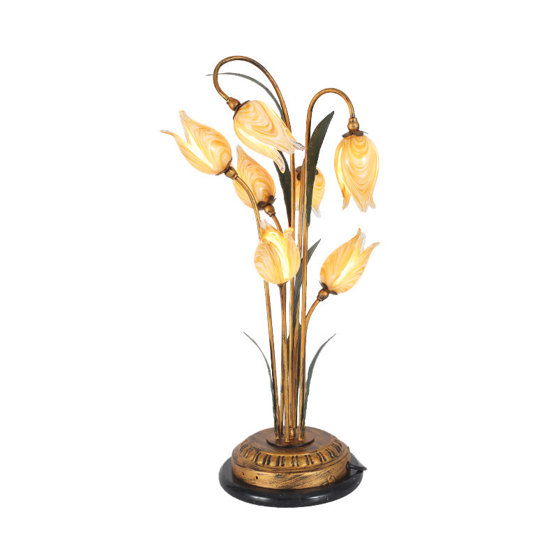 Brass Led Nightstand Light With Tulip Metal Design For Living Room - American Garden Theme