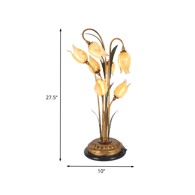 Brass Led Nightstand Light With Tulip Metal Design For Living Room - American Garden Theme