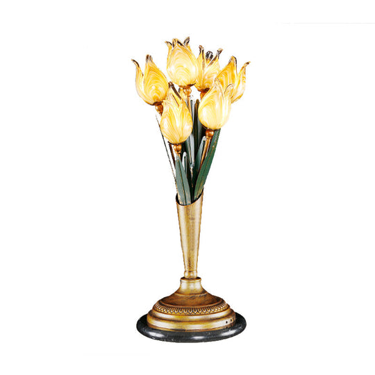 Brass Led Nightstand Light With Tulip Metal Design For Living Room - American Garden Theme