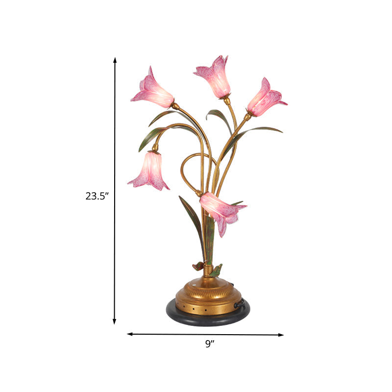Romantic Pastoral Lily Bedside Brass Nightstand Lamp - 5-Light Led Table Lighting