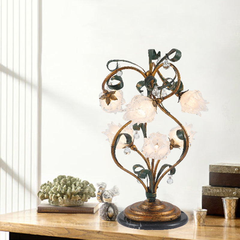 Pastoral Style Brass Metal Led Nightstand Lamp With 6 Floral Bulbs - Perfect For Bedroom Lighting