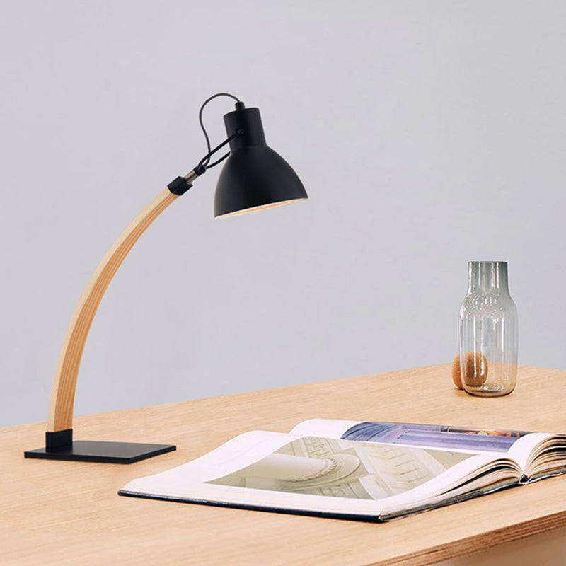 Modern Metal Domed Table Lamp With Wood Arm - Small Desk Light (White/Black) Black