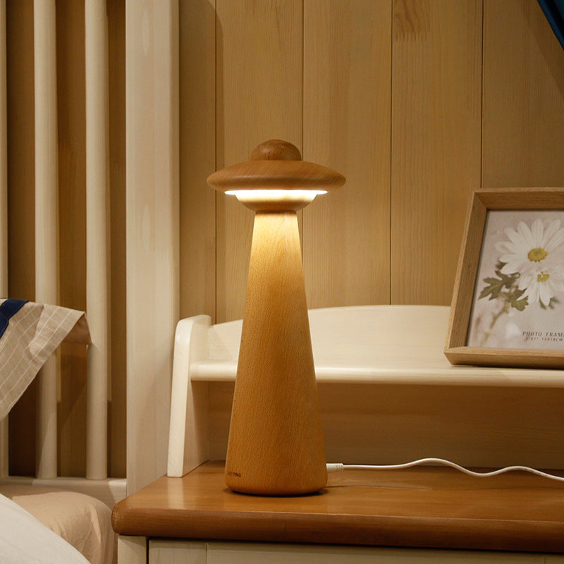 Small Wood Led Desk Lamp: Modernist Mushroom Table Light In Beige - Ideal For Living Room