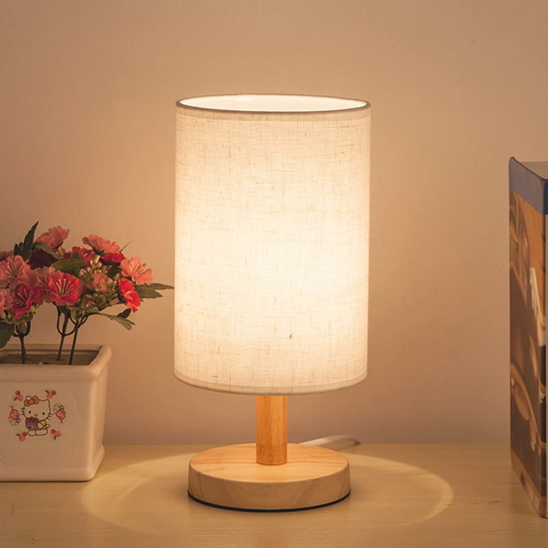 Japanese Cylinder Task Lamp: Fabric Reading Light - White/Flaxen Wood Base Flaxen