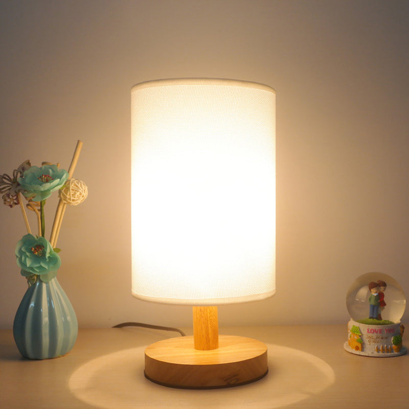 Japanese Cylinder Task Lamp: Fabric Reading Light - White/Flaxen Wood Base
