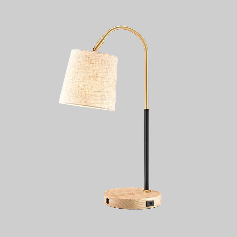 Modern Fabric Barrel Desk Lamp With Curvy Metal Arm - Red/Brown/Beige Night Table Light