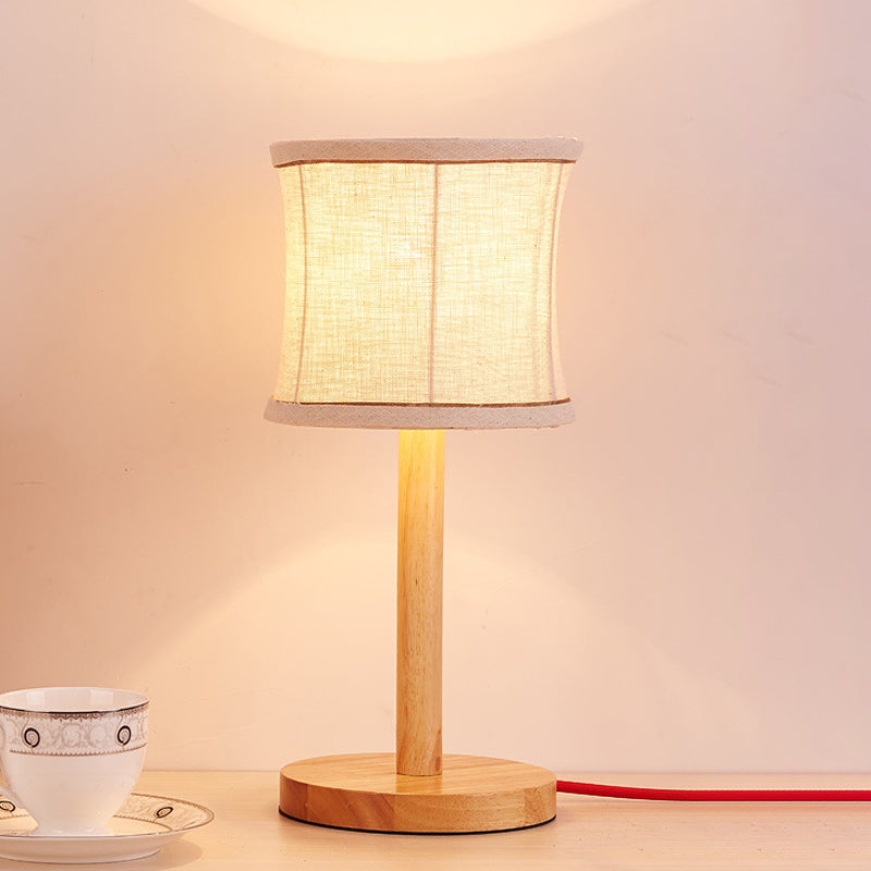 Chinese Beige Night Table Lamp With Barrel Fabric Shade - 1 Bulb Bedroom Task Light