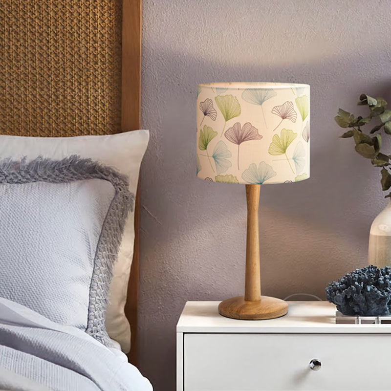 Modern Wood Barrel Study Lamp - 1-Head Fabric Task Lighting With Butterfly/Flower Pattern / Flower