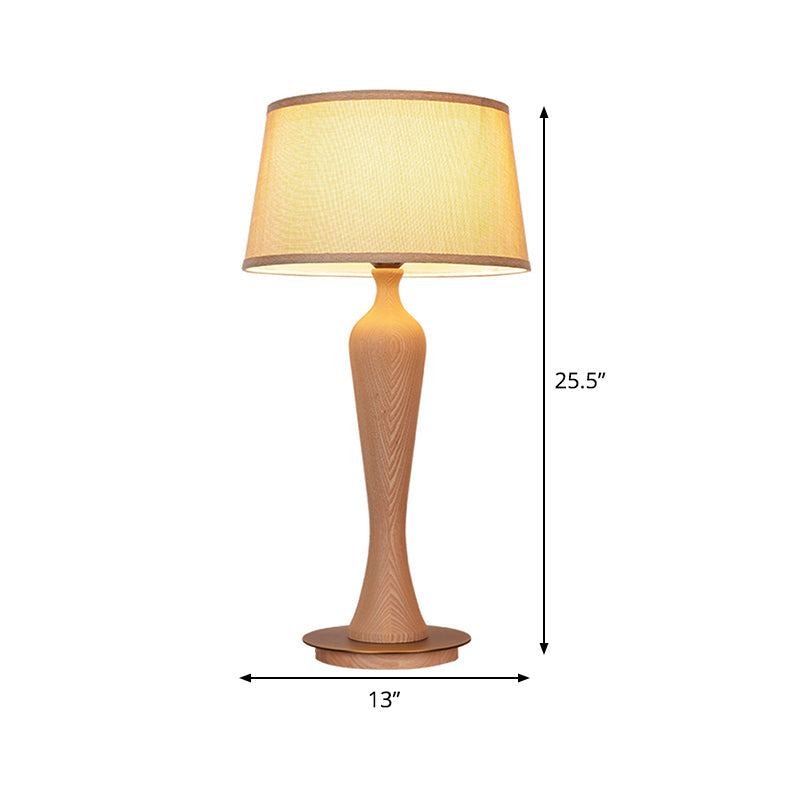 Modern Urn-Shaped Wood Desk Lamp In Beige - 1 Bulb Table Light With Drum Fabric Shade