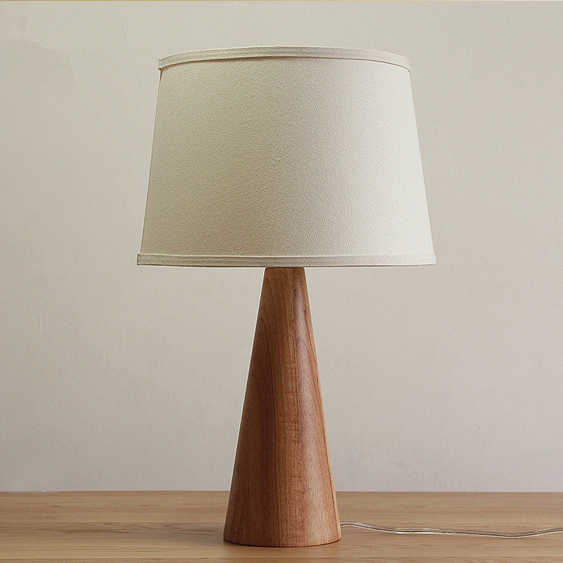 Modern White Nightstand Lamp With Shaded Fabric Table Light And Conical Brown Wood Base