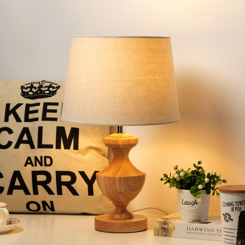 Modern Wood Urn Shape Nightstand Lamp With Fabric Shade - Beige