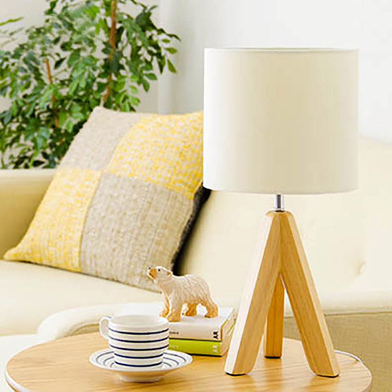 Modern Table Lamp: White Fabric Cylinder Light With Wood Tripod Base