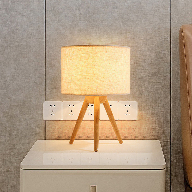 Modern Wood Table Lamp: Bedside Task Lighting With Cylinder Fabric Shade