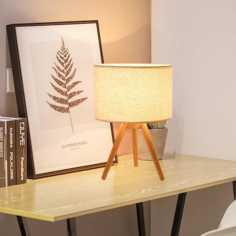 Modern Wood Table Lamp: Bedside Task Lighting With Cylinder Fabric Shade