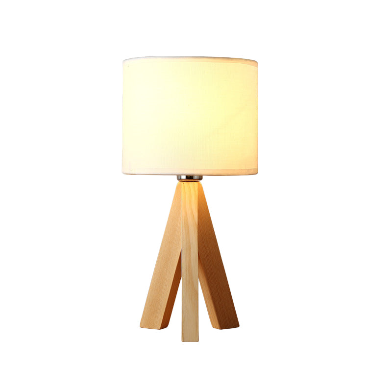 Modernistic Cylindrical Task Lamp - Fabric Shade White Reading Light With Wood Tripod 1 Bulb