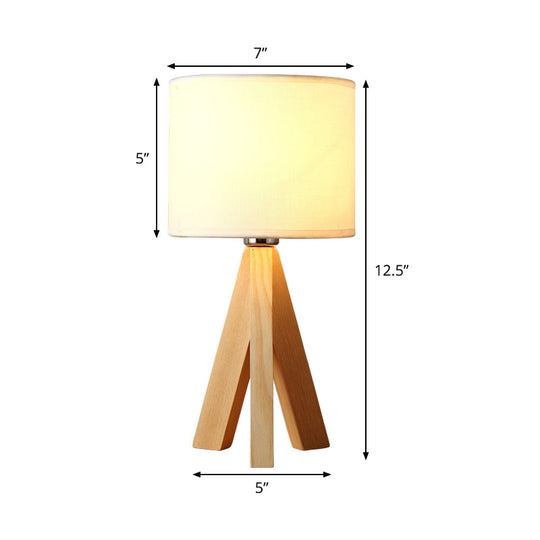 Modernistic Cylindrical Task Lamp - Fabric Shade White Reading Light With Wood Tripod 1 Bulb