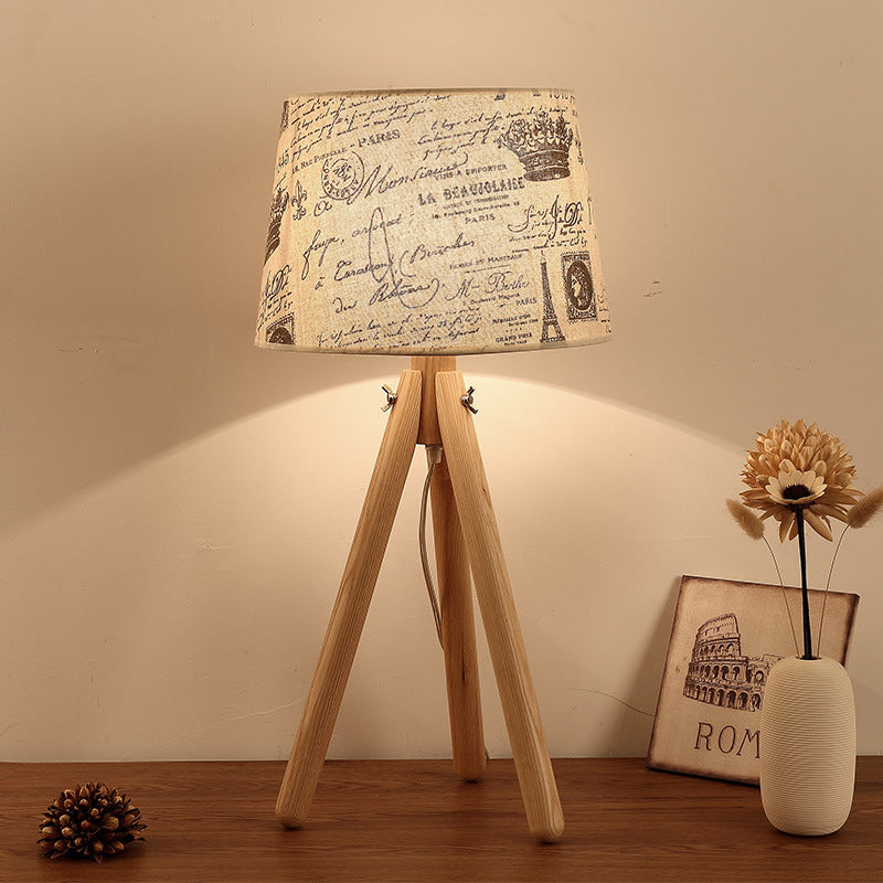 Wooden Conical Desk Lamp With Fabric Shade - Contemporary Task Lighting