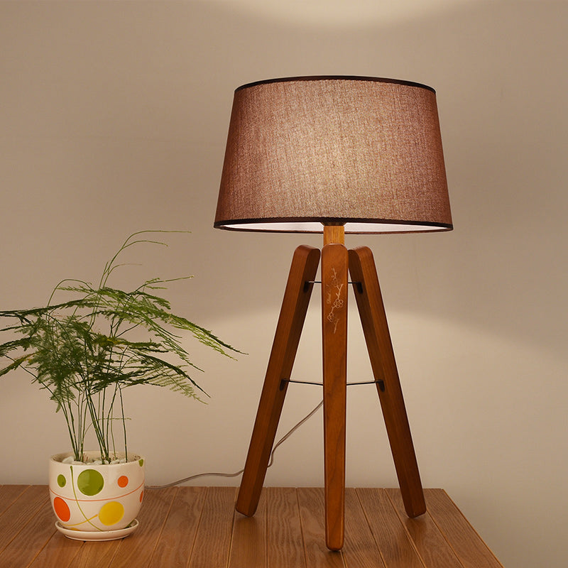 Modernist Fabric Tapered Desk Lamp With Wood Tripod - 1 Bulb Night Table Light In Brown/Beige Brown
