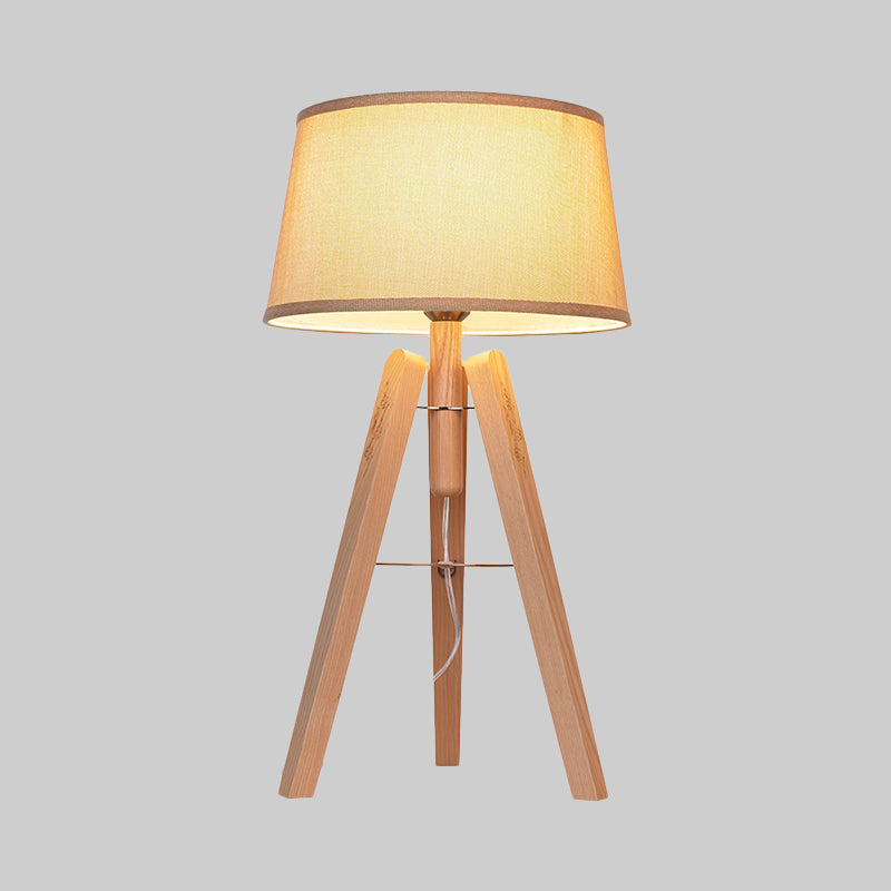 Modernist Fabric Tapered Desk Lamp With Wood Tripod - 1 Bulb Night Table Light In Brown/Beige