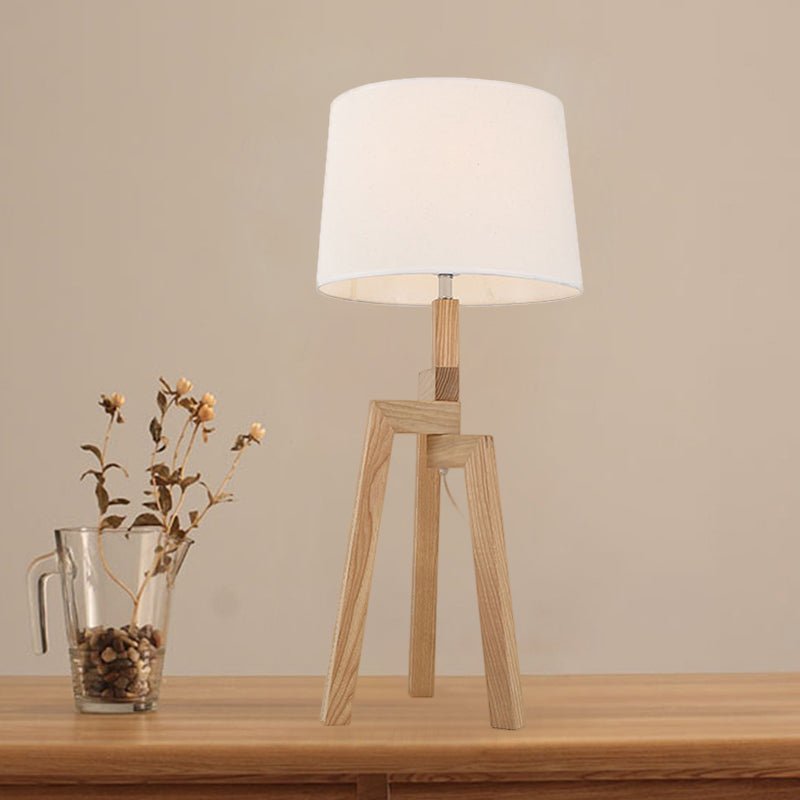 Modern White Fabric Desk Lamp With Wood Tripod Base