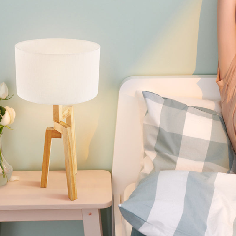Modern White Table Lamp With Drum Fabric Shade - Sleek Bedside Task Lighting