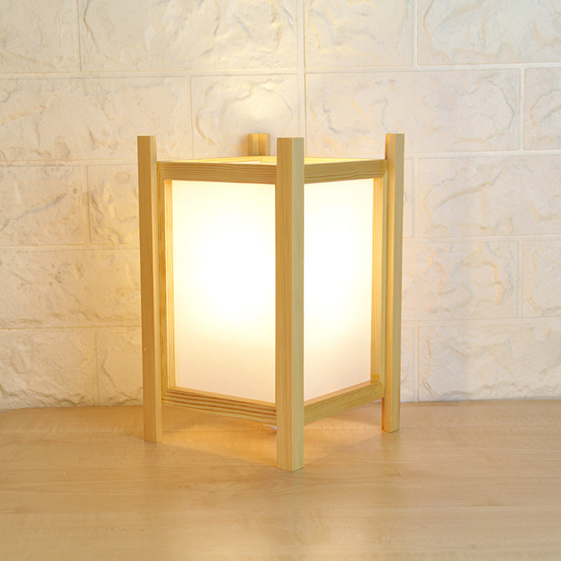 Modern Beige Desk Lamp With Wood Shade - Rectangular Night Table Light