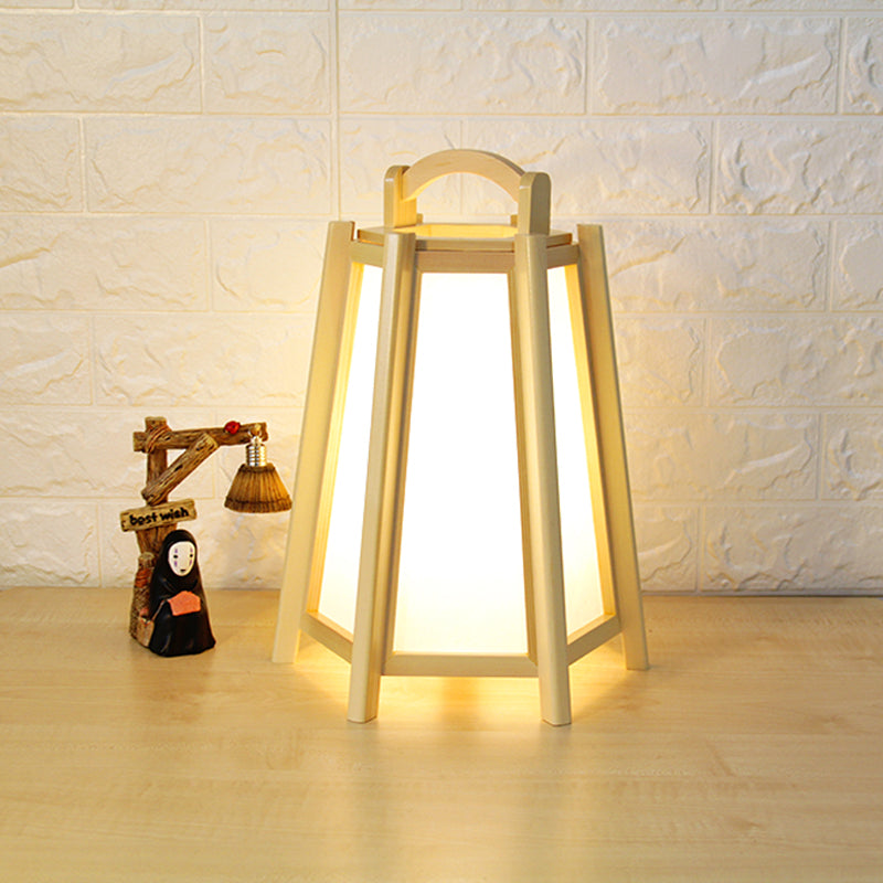 Japanese Tapered Task Lighting Wood Nightstand Lamp In Beige For Bedroom With Handle
