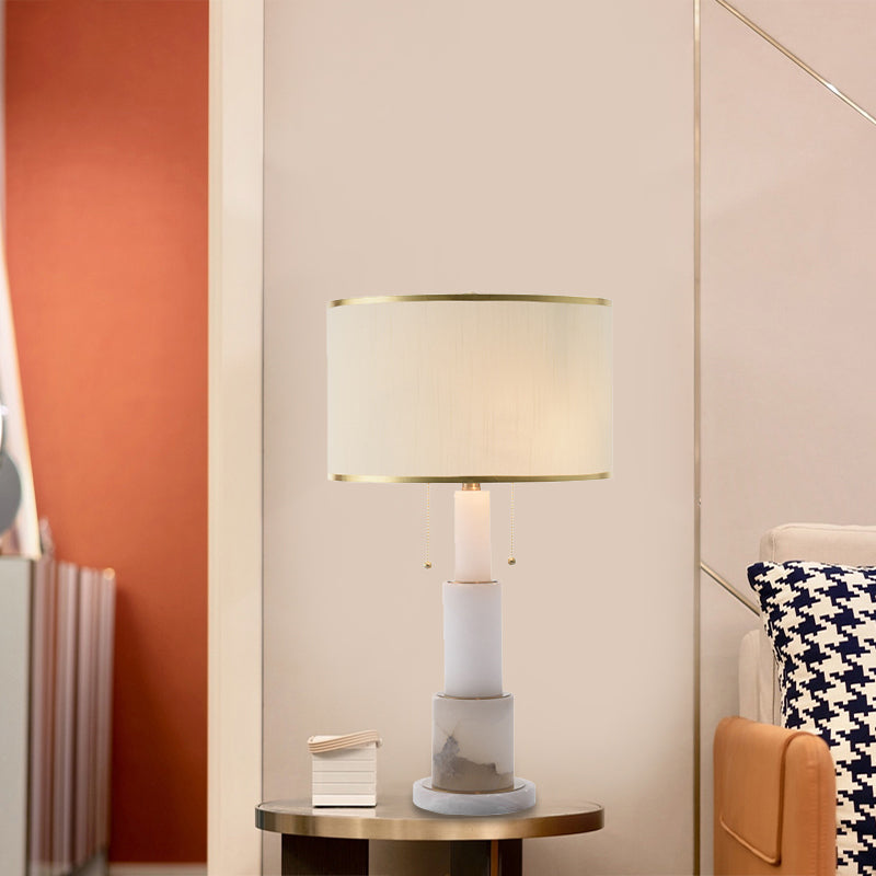 Modern White Cylinder Desk Lamp With 2 Fabric Night Table Heads And Pull Chain