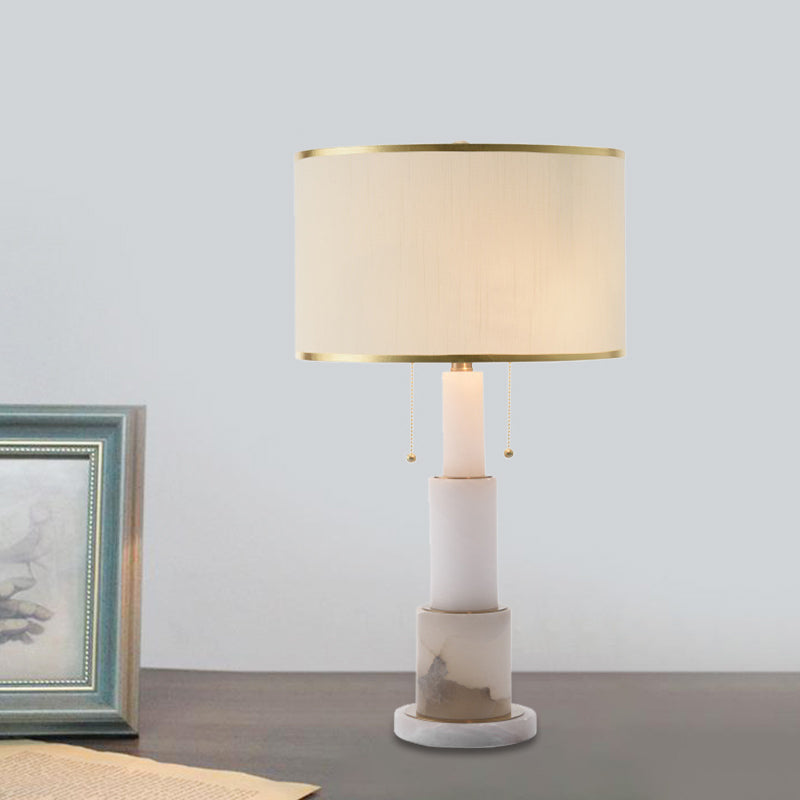 Modern White Cylinder Desk Lamp With 2 Fabric Night Table Heads And Pull Chain
