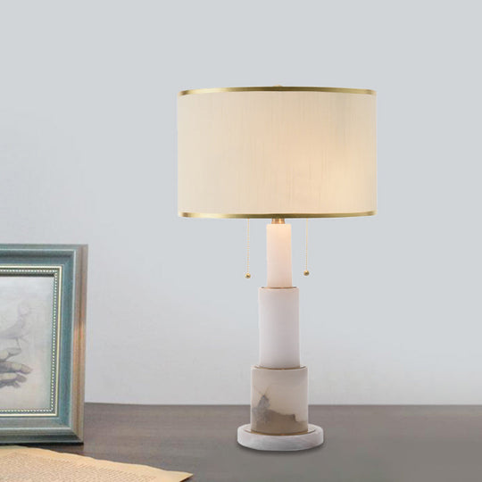 Modern White Cylinder Desk Lamp With 2 Fabric Night Table Heads And Pull Chain