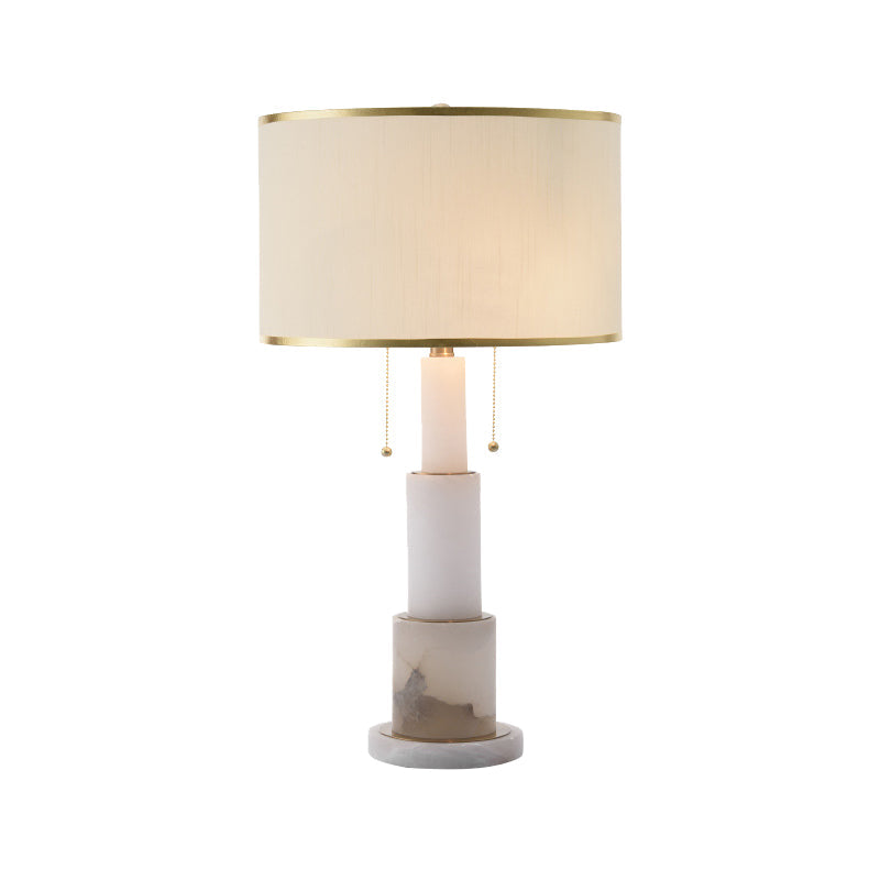 Modern White Cylinder Desk Lamp With 2 Fabric Night Table Heads And Pull Chain