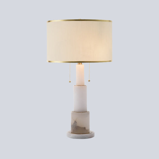 Modern White Cylinder Desk Lamp With 2 Fabric Night Table Heads And Pull Chain