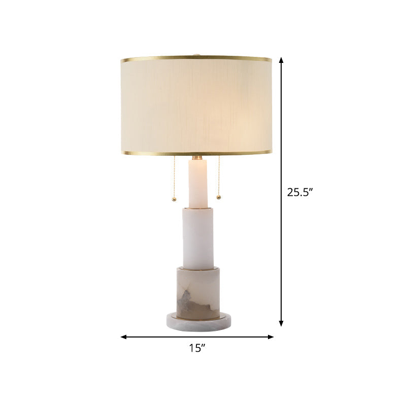 Modern White Cylinder Desk Lamp With 2 Fabric Night Table Heads And Pull Chain