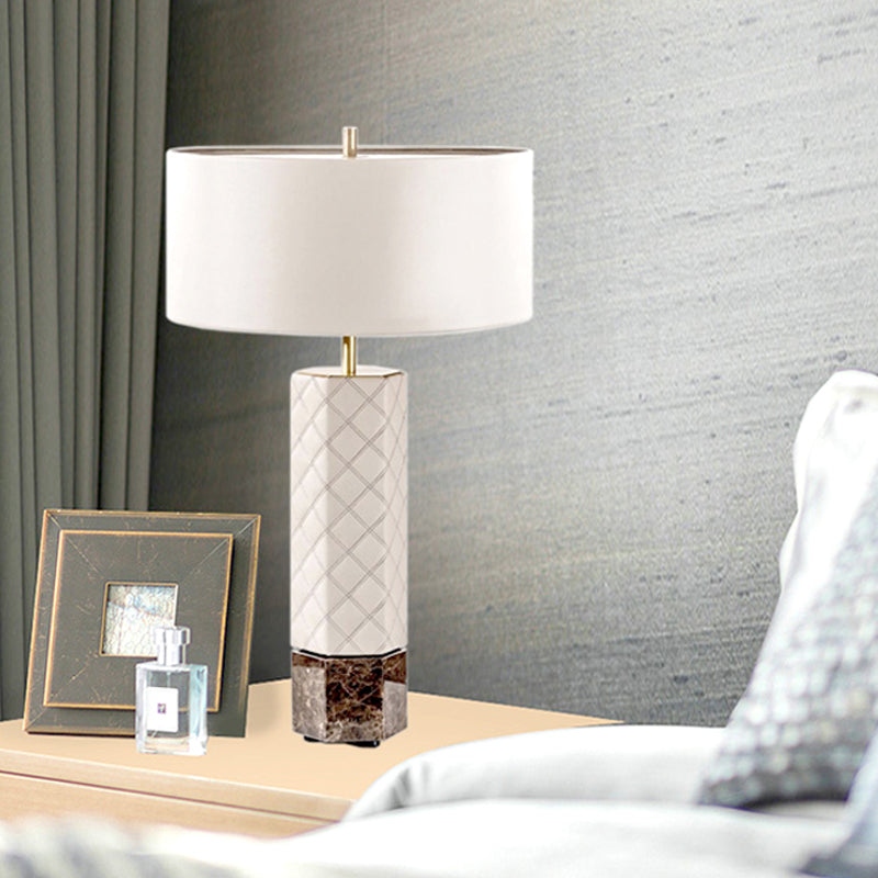 Contemporary White Desk Lamp With Fabric Shade - Cylindrical Night Table Light