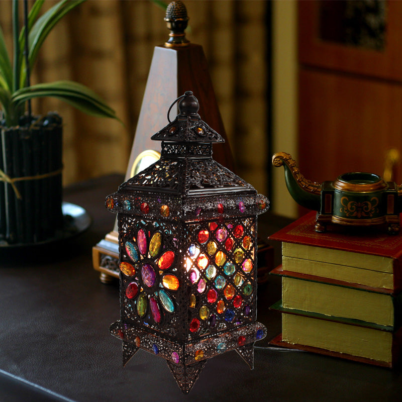 Copper Metal Lantern Nightstand Light Antique 1-Bulb Table Lamp For Living Room