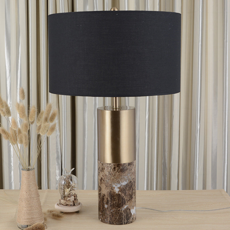 Modern Black Cylinder Fabric Table Light With Marble Base