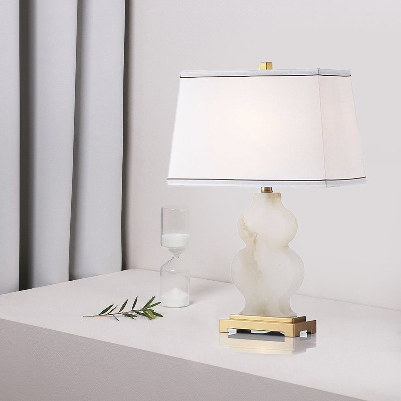 Modern Fabric Tapered Task Light - 1 Head White Nightstand Lamp With Gourd Marble Base