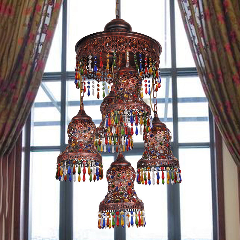 Copper Curved 5-Bulb Ceiling Chandelier - Art Deco Pendant For Bedroom Lighting