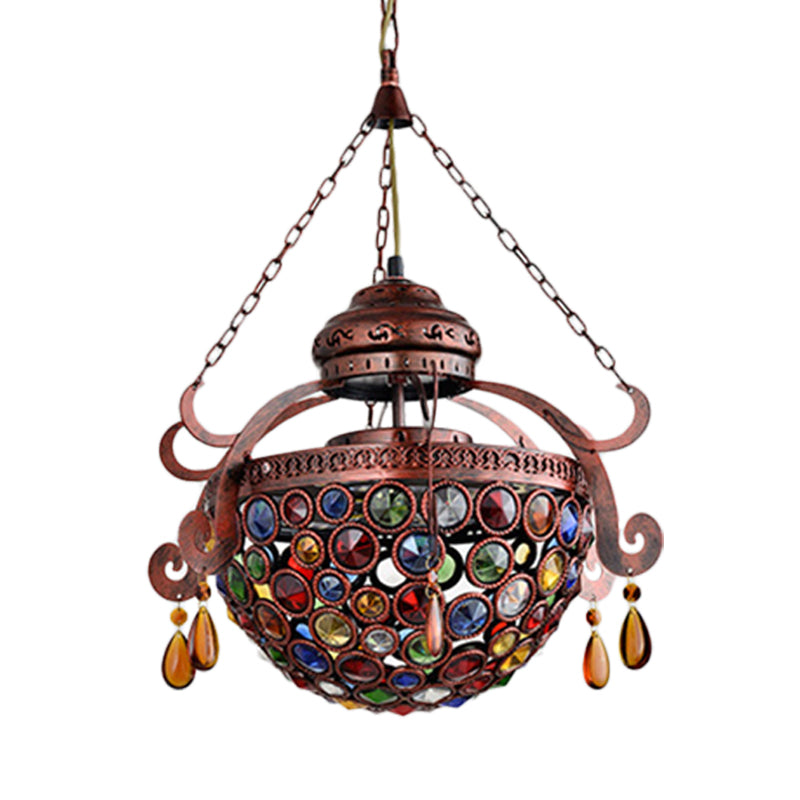 Copper Metal Bowl Drop Pendant: Antique 1-Light Hanging Fixture For Living Room