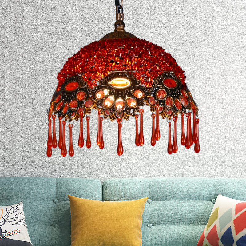 Traditional Red Dome Shaped Restaurant Hanging Light Fixture - 1-Light Metal Ceiling Lamp