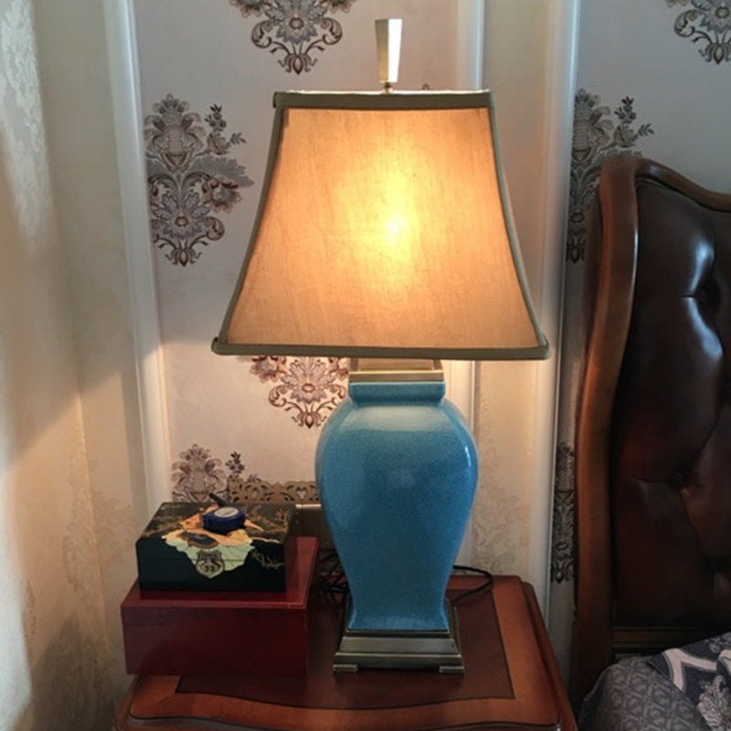 Modernist Blue Bedside Table Lamp With Flared Fabric Shade