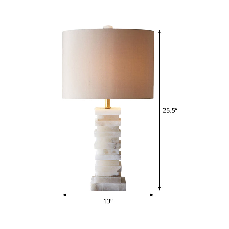 Contemporary White Desk Lamp With Fabric Shade - Cylindrical Night Table Light
